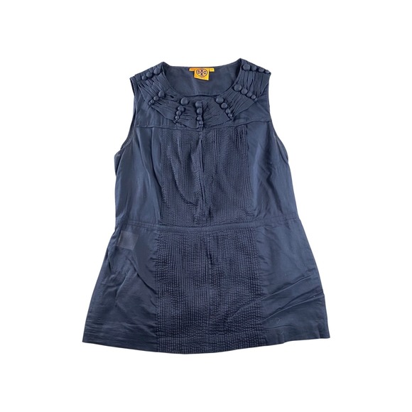 Tory Burch Tops - Tory Burch Navy Blue Sleeveless Pintuck Button Neck Top Size 12